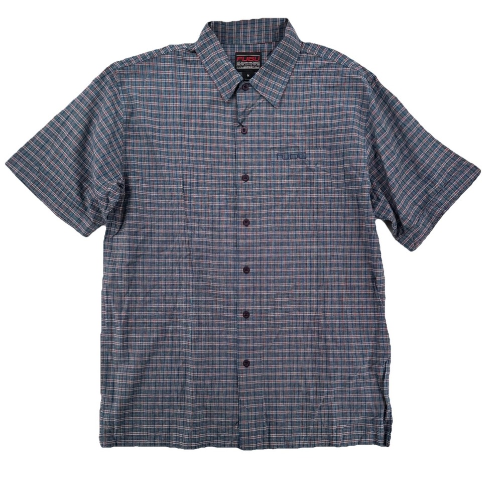 Fubu Shirt Mens Medium Button Up Plaid Short Sleeve Blue Hip Hop Rap Y2K NWT
